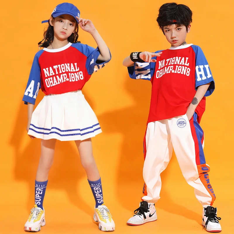 Kids Red Dancing Tops Performance Sets Boys Hip Hop Dance Girls Stage Catwalk Student Sportswear White Hip Hop Pants