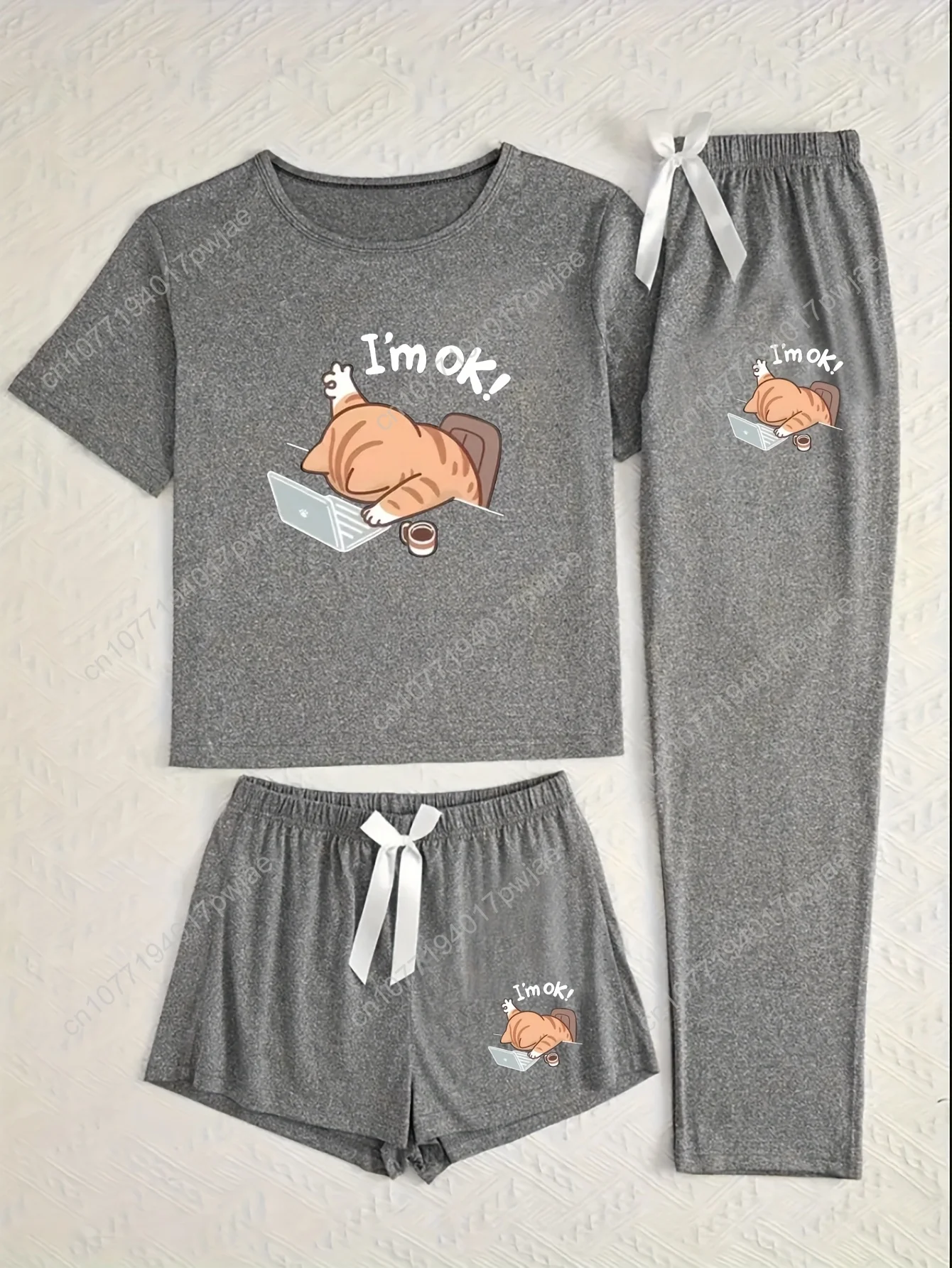 

3pcs Women's Pajama Set - Cartoon Work Kitten Print, Short Sleeve Pajamas, Shorts and Longs, Bow Style, Suitable for Multiple Se