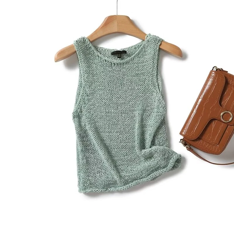 Maxdutti Knitted Vest Green Fresh Pullover Sleeveless Sweater Minimalist Mint Casual Knit Sweater Women Tank Tops