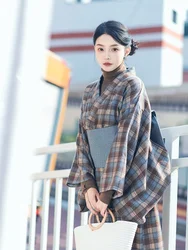 Vintage Style Women's Plaid Spring Long Dress, Japanese Traditional Kimono, Cosplay Costume, Photography Dress