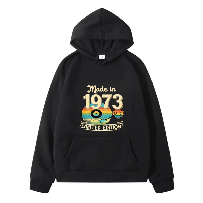 سويت شيرت رجالي بقلنسوة باللون الأسود مصنوع في عام 1973، إصدار محدود من الفينيل مطبوع عليه سجل عالي الجودة من القطن كاجوال ملابس الشارع الشهير للرجال