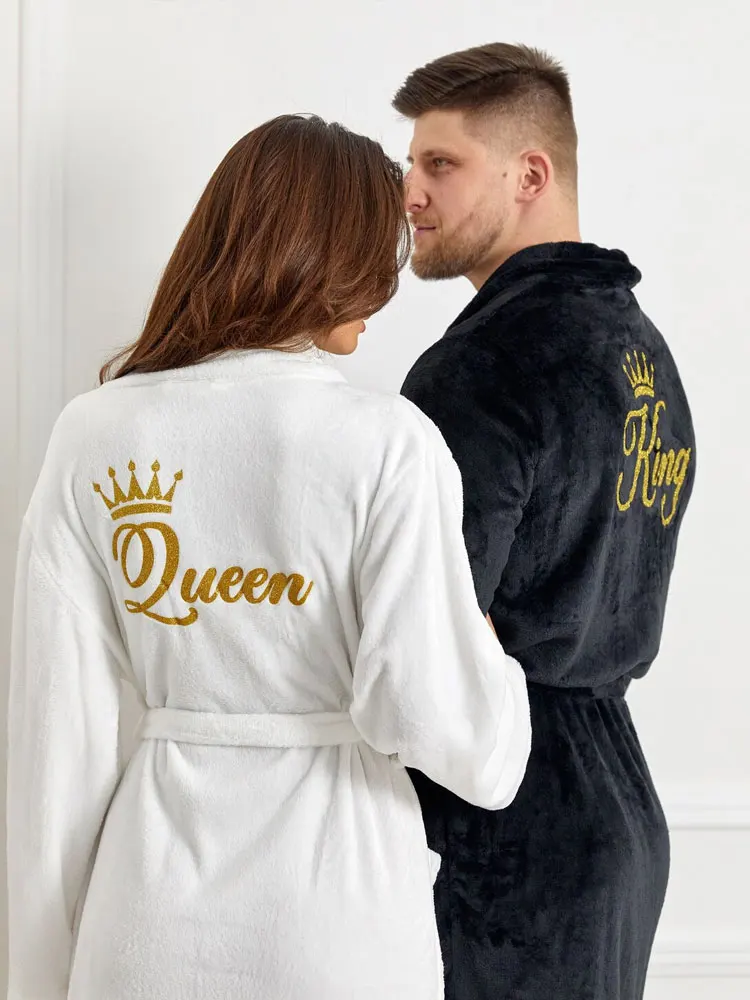 Queen King Cozy Plush Bathrobes Ultra-Soft Mr Mrs BathRobes Terry Flannel Robes Shawl Collar Women Men's Spa Wedding Anniversary