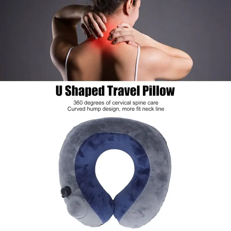 

Self Inflatable Travel Pillow U Shaped Portable Neck Chain Support for Sleeping Napping Dark Blue with Gray for Traveling