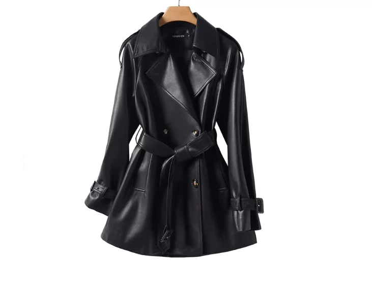 Women's Leather Mid-Length Long Coat Loose-Fitting Spring 2026 Elegant Sheepskin Wind Jacket New Style