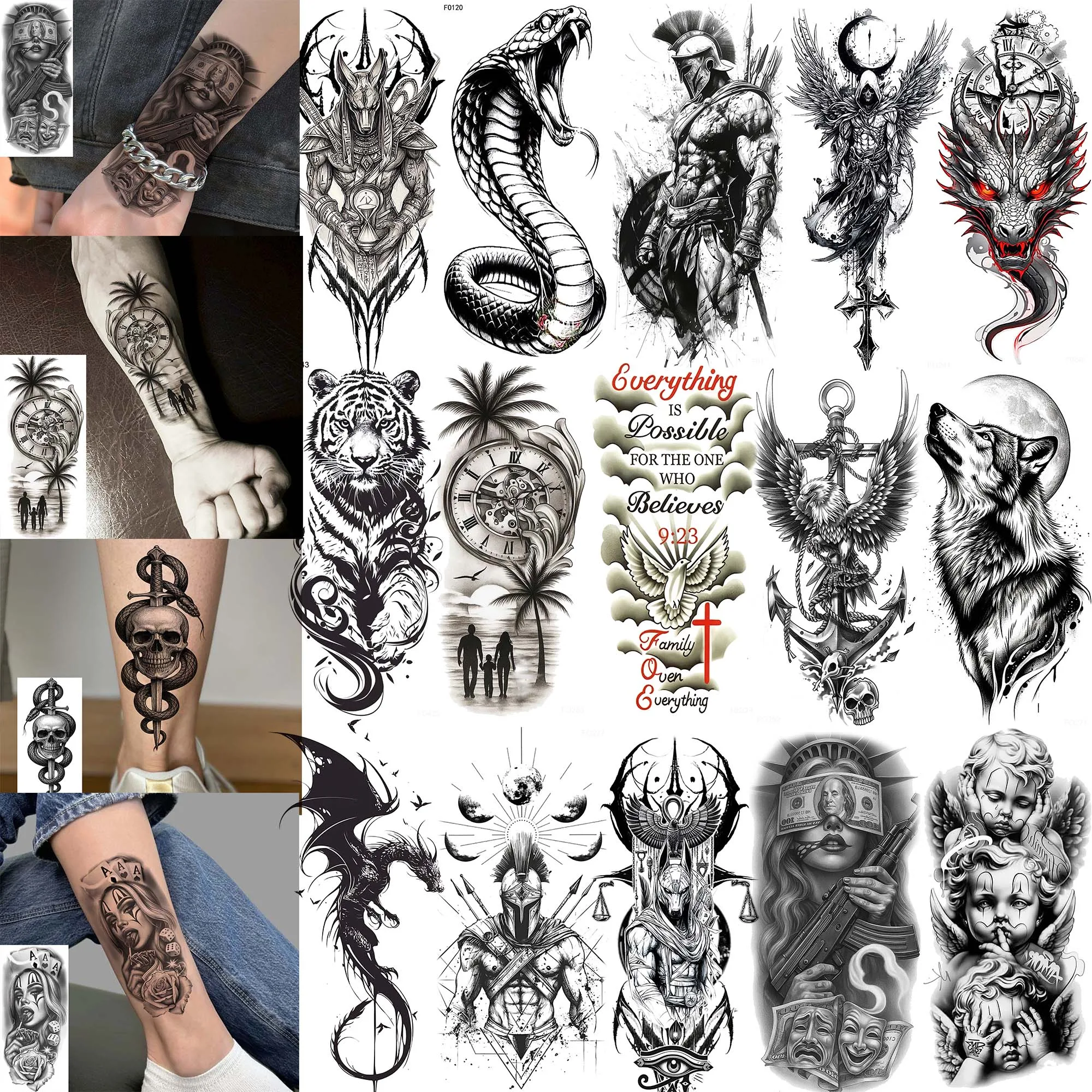 1 Sheet Halloween Gothic Snake Wolf Temporary Tattoos Men Forearm Neck, Realistic Anchor Warrior Fake Tattoos Sticker Waterproof