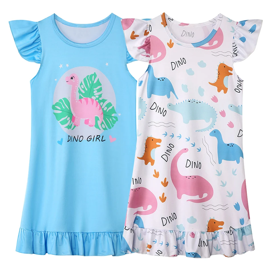 Stylish and Comfortable Dinosaur Themed Girls Summer Sleep Casual Dresses Short Sleeves Great for Kids Nightwear and Loungewear