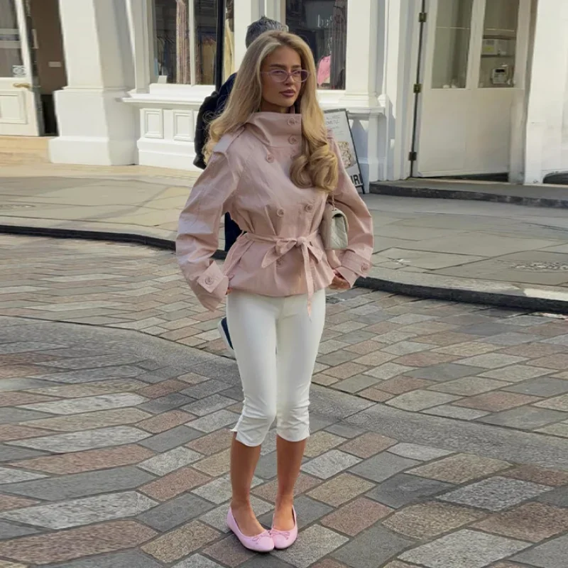 

Vintage Pink Short Trench Coat Double Breasted High Neck Belted Waist Windbreaker Jacket for Spring and Autumn Daily Wear