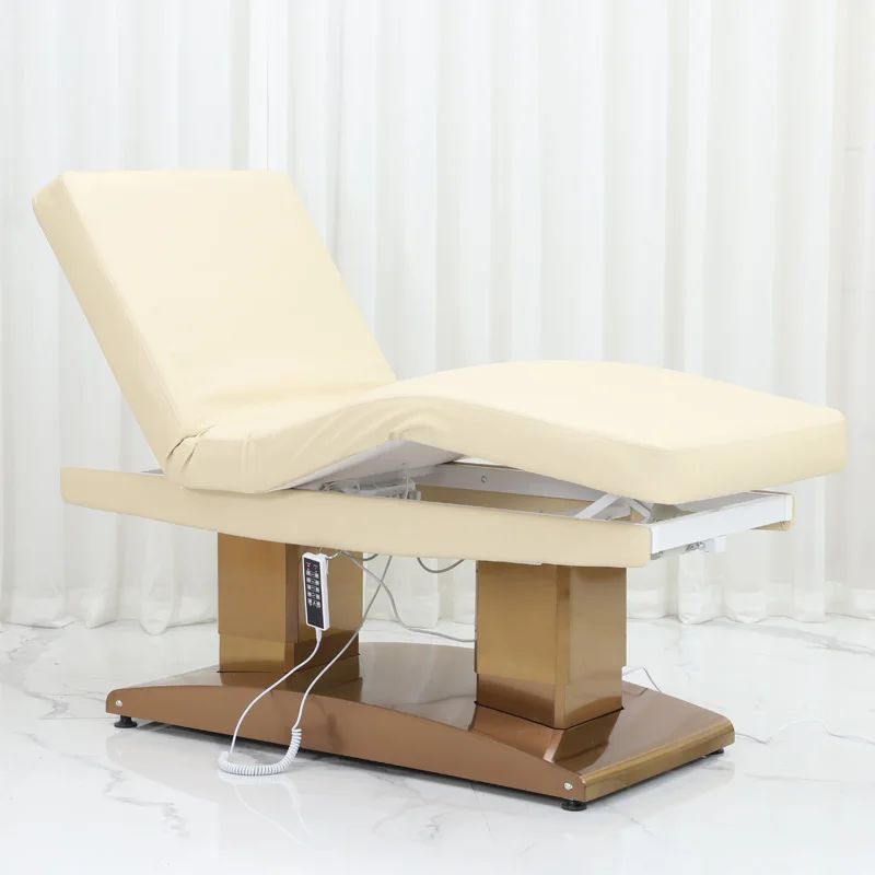 Muebles modernos para salón de belleza, Base dorada de acero inoxidable, cama Facial cosmética, mesa de masaje eléctrica de lujo de 4 motores para salón