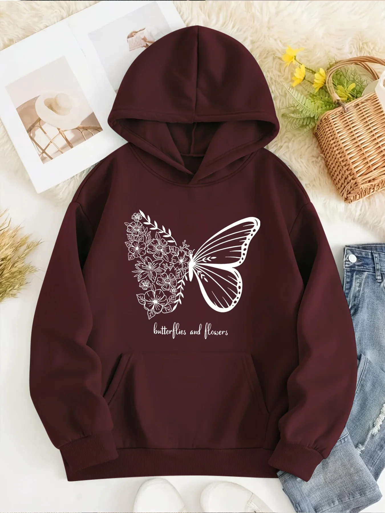 2026 Men's and women's fashionable hooded sweatshirts, long sleeved hoodies with letter flower butterfly pattern printed on them