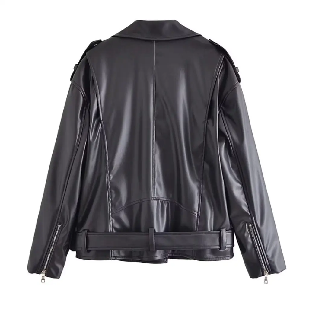 Feminino distintivo rua moda jaqueta de couro falso casaco com zíper solto terno de bicicleta outono inverno novo 22