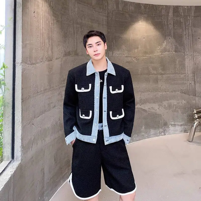 WTHT Fashion Men's Suit Spliced Denim Contrast Color Coats Casual Loose Wide Leg Short Pants Set Male 2025 Autumn 2A1973