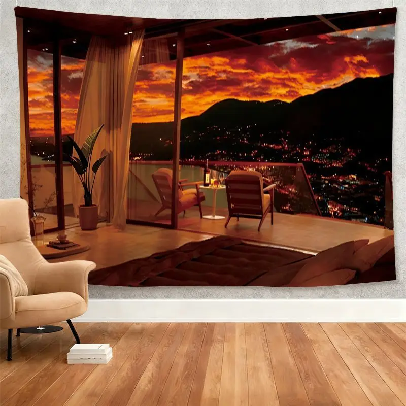 Fake Window Sunset Ocean View Tapestry Coastal Town Mountain Red Sky Landscape Print Fabric Wall Hanging for Bedroom Home Decor