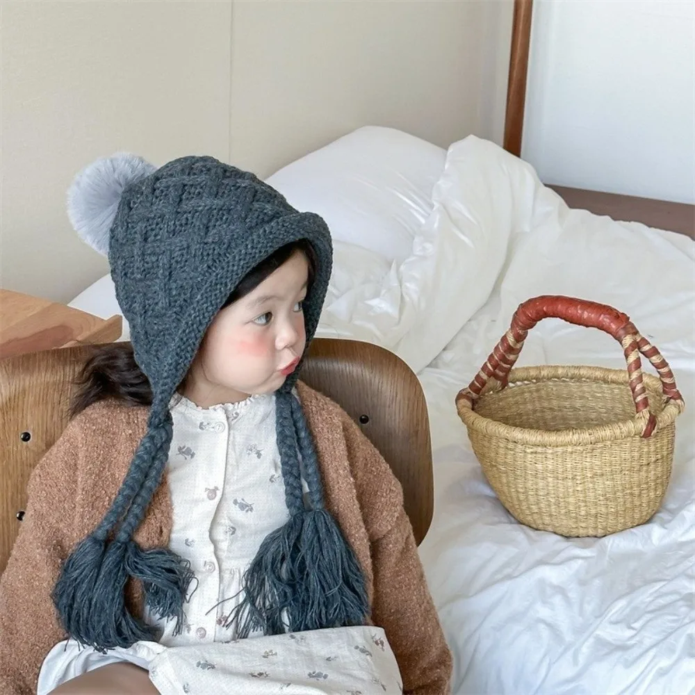 

Korean Autumn Winter Baby Crochet Hat Soft Warm Pom-pom Hand Knitted Cap Outdoor Tassel Pigtail Ear Protection Cap Toddler