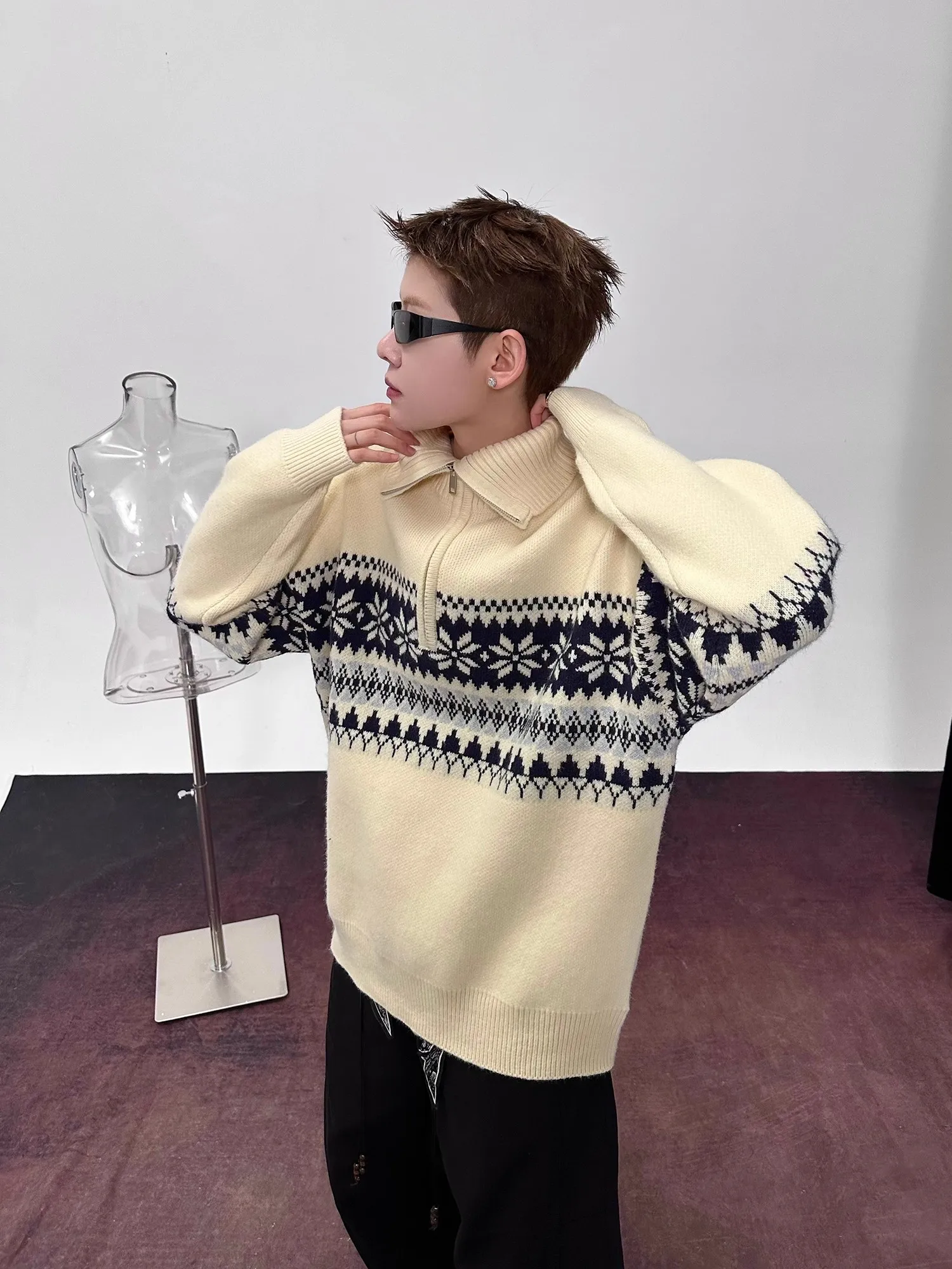 

Американский ретро-свитер в стиле Fair Isle с высоким воротником на молнии, свободный повседневный свитер унисекс красного цвета