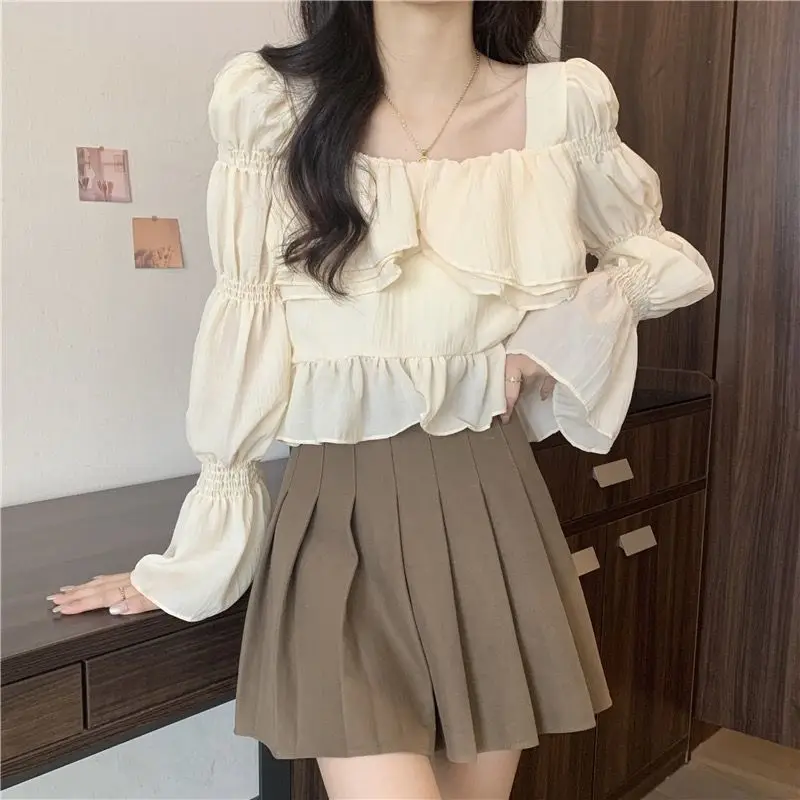 Gentle and Elegant Long Sleeves Shirt for Women\'s Spring Autumn Korean Version Square Neck Ruffled Edges Flared Sleeves Top