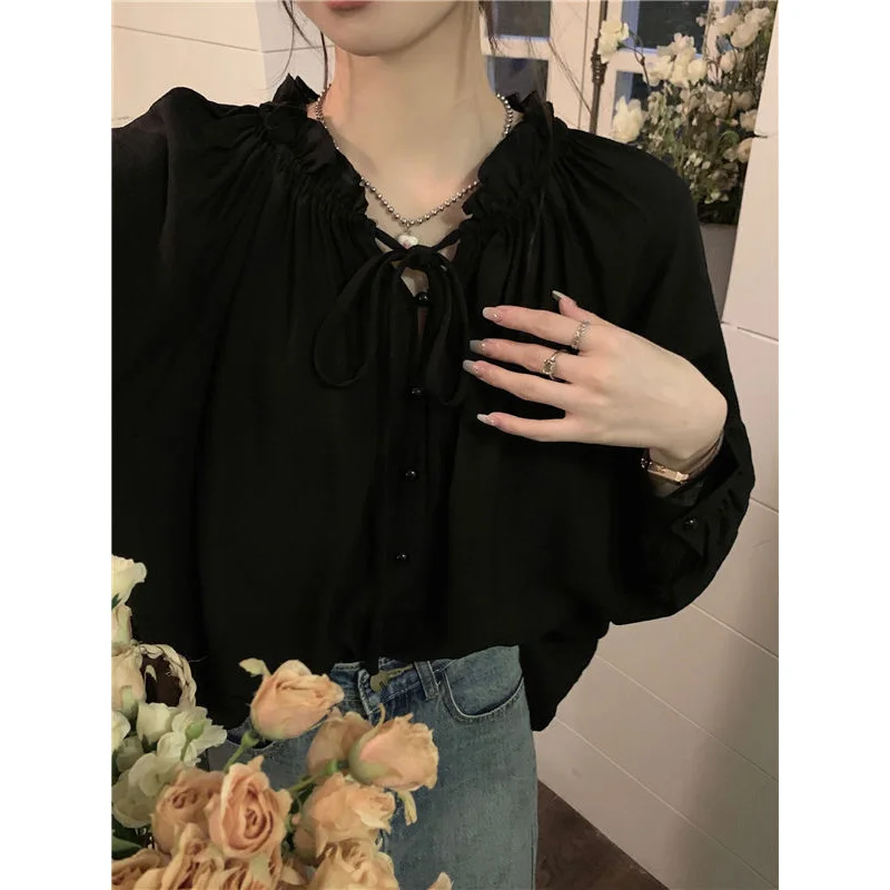 2024 New Summer Minimalist Loose Casual Commuting Versatile Fashion Tie Up Sweet Lace Collar Long Sleeved Sun Protection Shirt