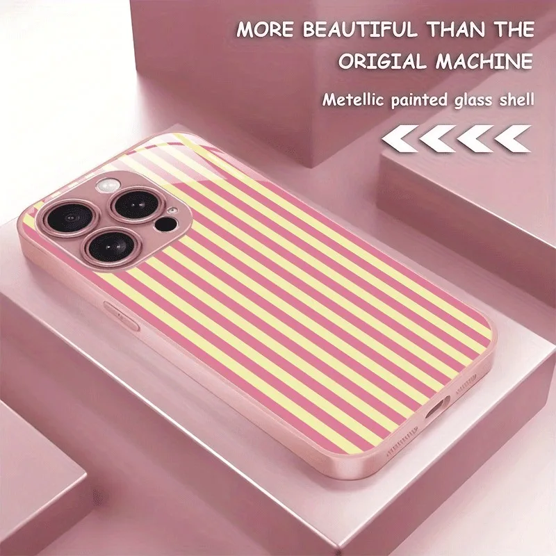 

Vertical Stripes Pink Yellow Pattern Metallic Paint Glass Case For iPhone 17 Pro Max 11 12 13 14 15 16 Plus 16E 17 Air Cover
