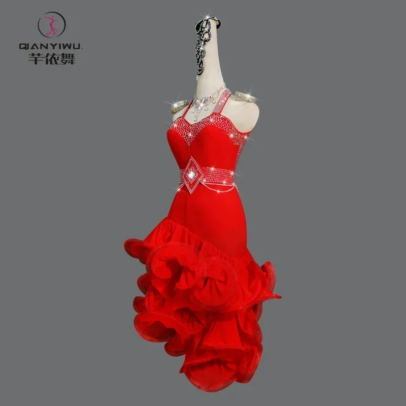 Professional Red Latin Dance Performance Competition Premium Fishbone Dress Pendulum Women's Art Exam 1-piece Set