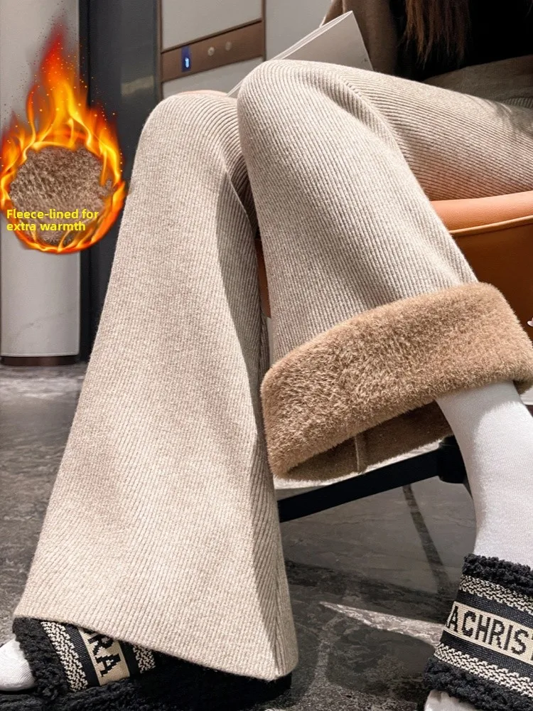 Oaeal Gebreide Fce Gevoerde Casual Rechte Pijpen Hoge Taille Broek Dames Faion 2025 Nieuwe Herfst Winter Thi Wijde Pijpen Broek