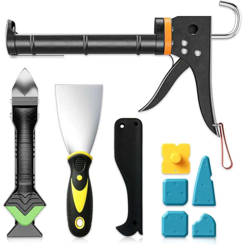 Kit de pistolet à mastic avec pistolet à silicone, dissolvant de mastic et grattoir à coulis pour salle de bain, cuisine, sol et fenêtre – Kit complet d'outils de calfeutrage pour l'étanchéité domestique, la rénovation DIY et les projets d'étanchéité de niveau professionnel