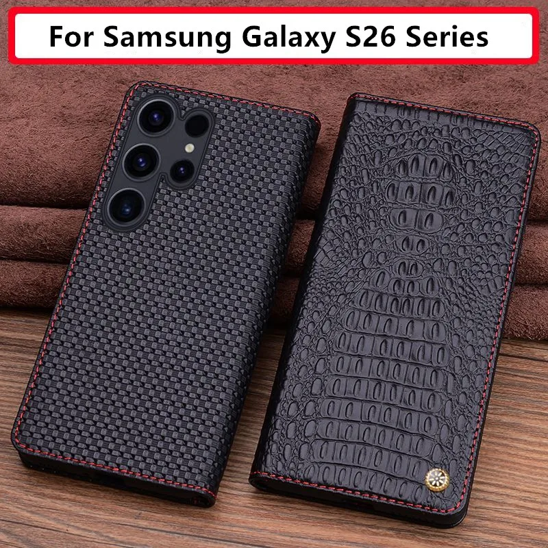 Echtes Rindsleder Flip-Case für Samsung Galaxy S26 Ultra Plus Business Krokodil-Gittermuster Hülle Vollständige Abdeckung Buchstil-Design