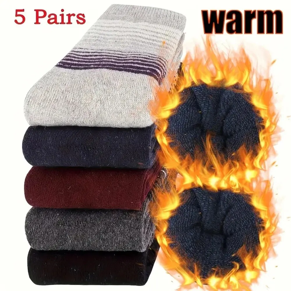 5/10 Pairs Men Fashionable Striped Pattern WoolSocks Warm Winter Mid Length Socks Thickening Soft Cold-resistant Men Boots Socks