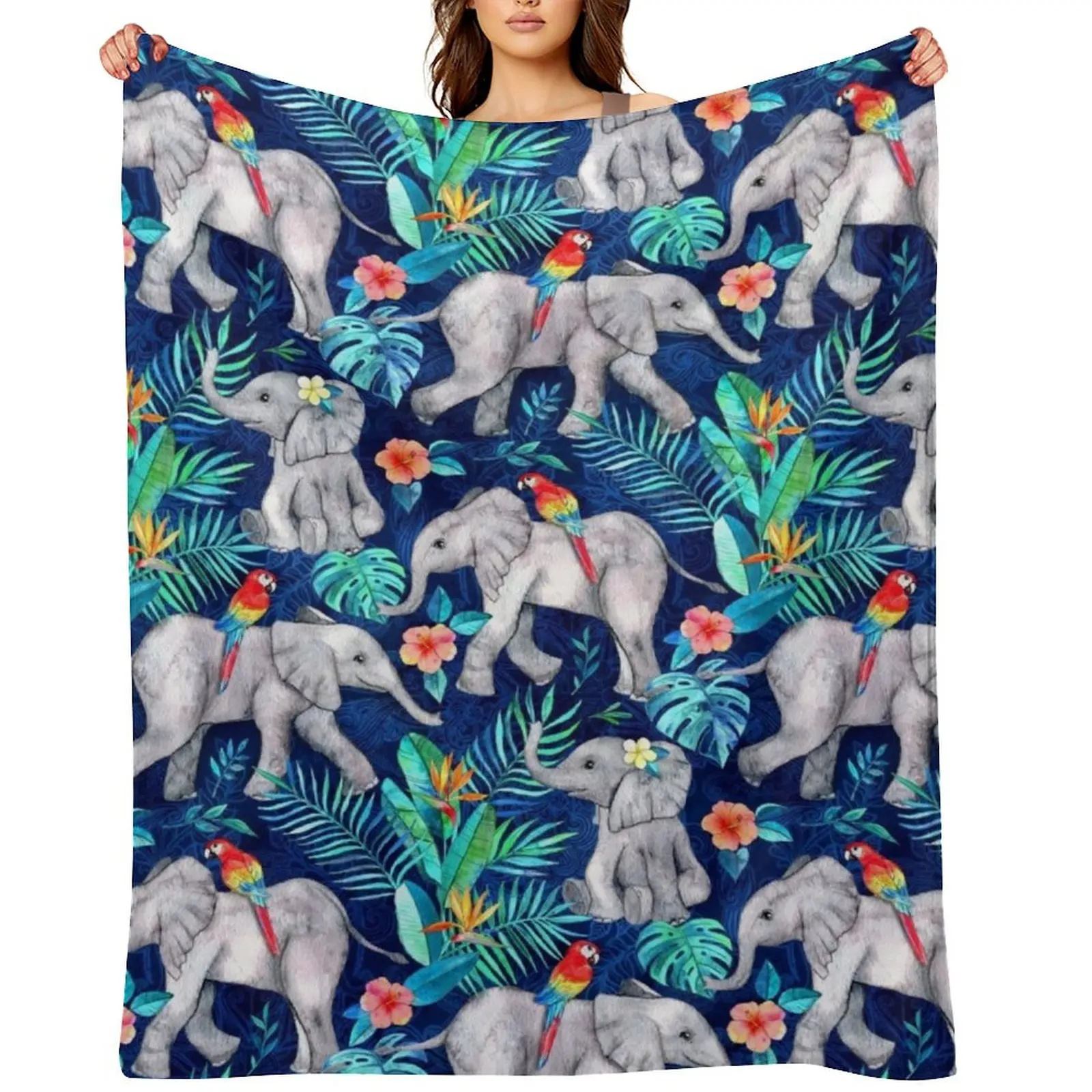 Elephants and Parrots in Indigo Blue Throw Blanket Shaggy Bed Fashionable Extra Large Throw Beach Camping Blankets