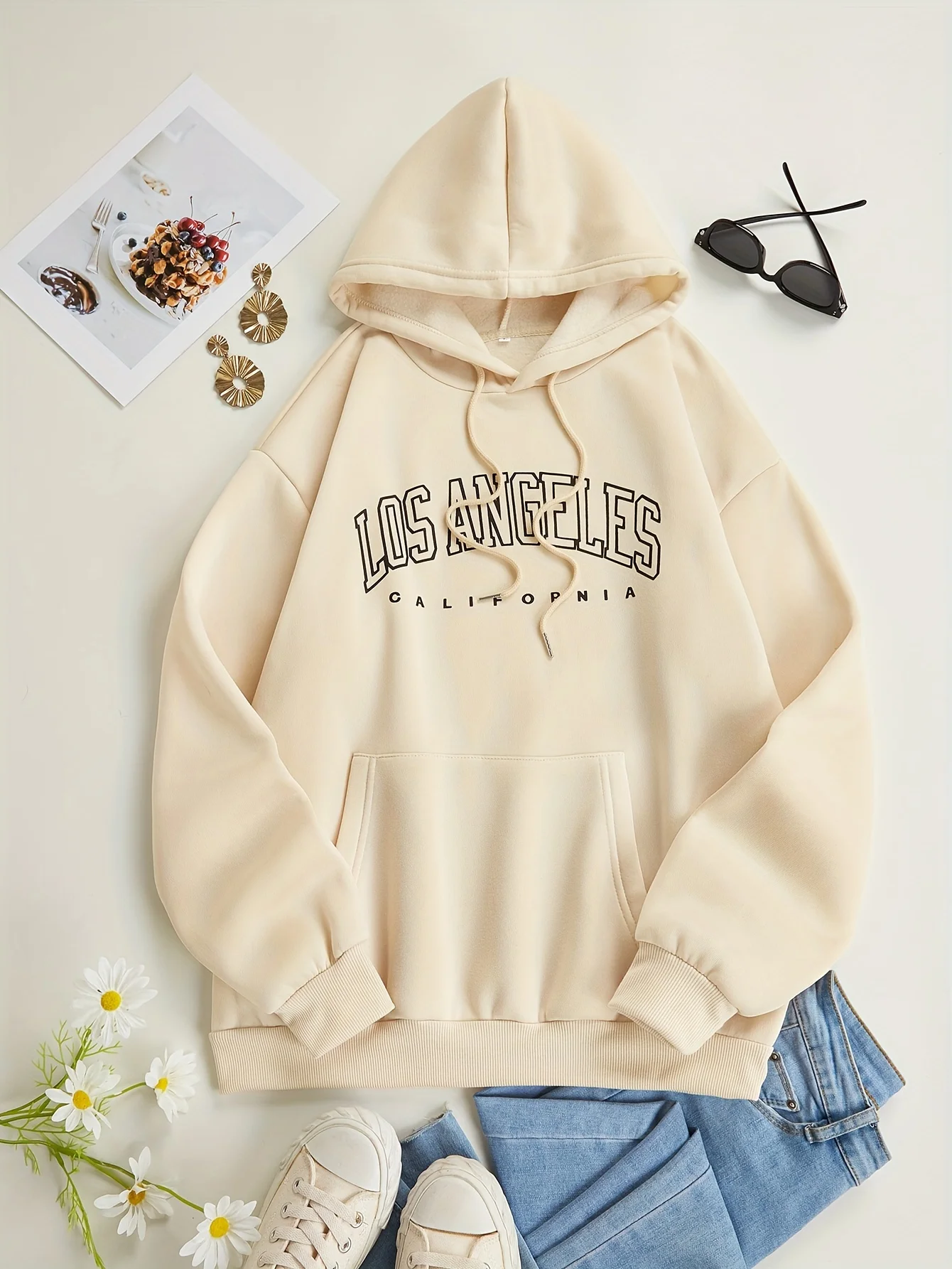 Trendy LA Letter Print Womens Hoodie - Comfortable Drawstring Hoodie Sleeve Casual Sweatshirt for Stylish Wardrobe