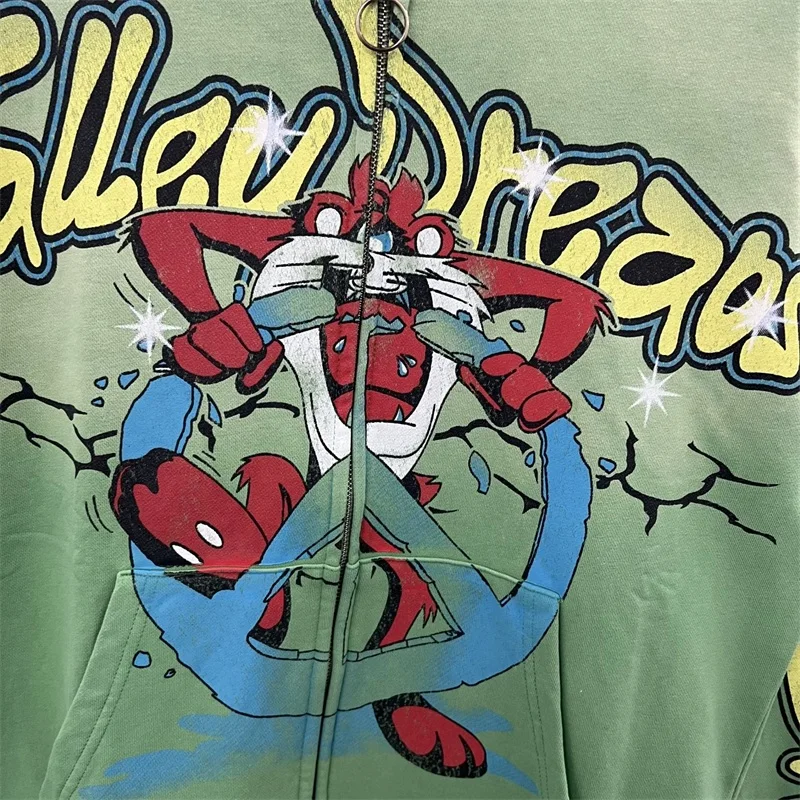 سترات بسحاب مطبوعة برسوم كارتونية من Green Washed VALLEY للرجال والنساء من القطن الخالص بغطاء للرأس كبير الحجم أمريكي عتيق