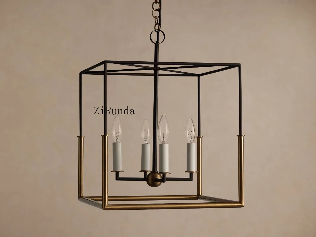 Modern American steel frame square chandelier, 4 lamp head chandelier, suitable for living room, dining room, kitchen island