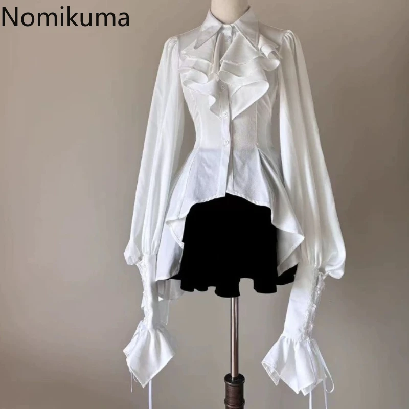 Lolita Style Japanese Blouses for Women 2024 Blusas Mujer De Moad Slim Fit Flare Sleeve White Shirts Goth Irregular Blouse Tops