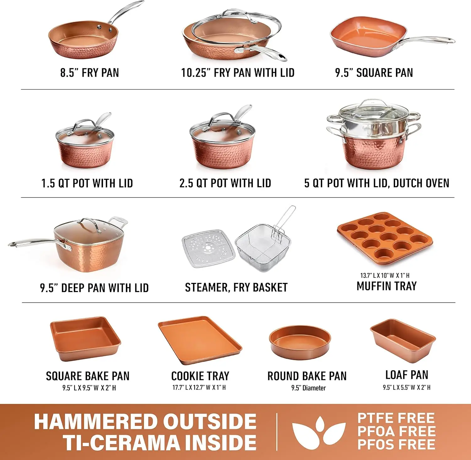 Steel Hammered Copper Collection – 20 Piece Premium Pots and Pans Set Nonstick Ceramic Cookware + Bakeware Set