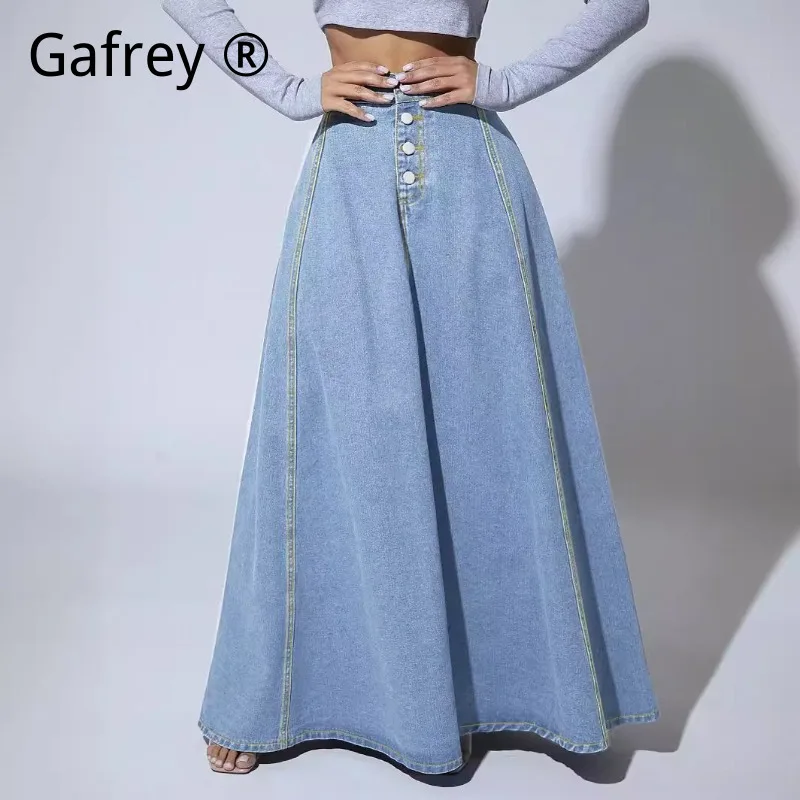 Women Single Breasted Denim Skirt Stylish A-line Swing Flared Spring Summer Casual High Waist All-match Female Half Dress