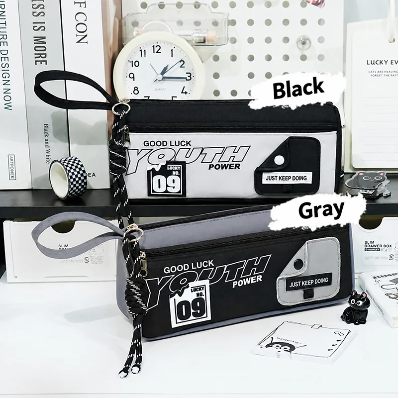 Large Capacity Pencil Case with Front Pocket Wrist Strap Black Gray Pen Bag Durable Stationery Storage Organizer for Students Sc