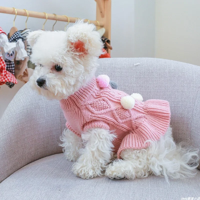 1PC Pet Apparel Dog Autumn and Winter Thickened Warm Pink Coffee Ball Knit Pullover Sweater Dress For Small Medium Dogs