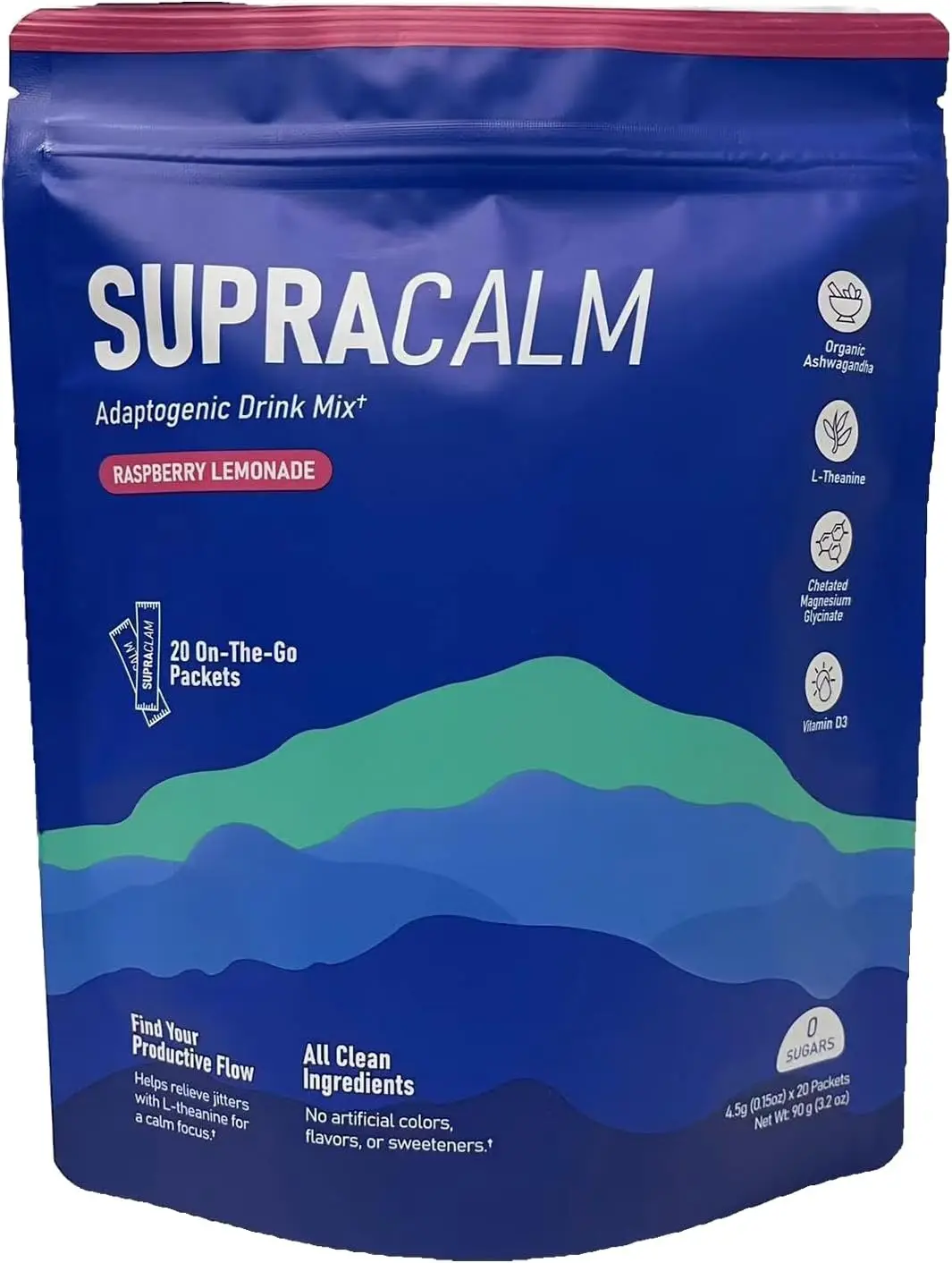 SupraCalm Raspberry Lemonade Adaptogenic Drink Mix Supplements for Relaxation & Focus No Artificial Colors or Sweeteners (20)