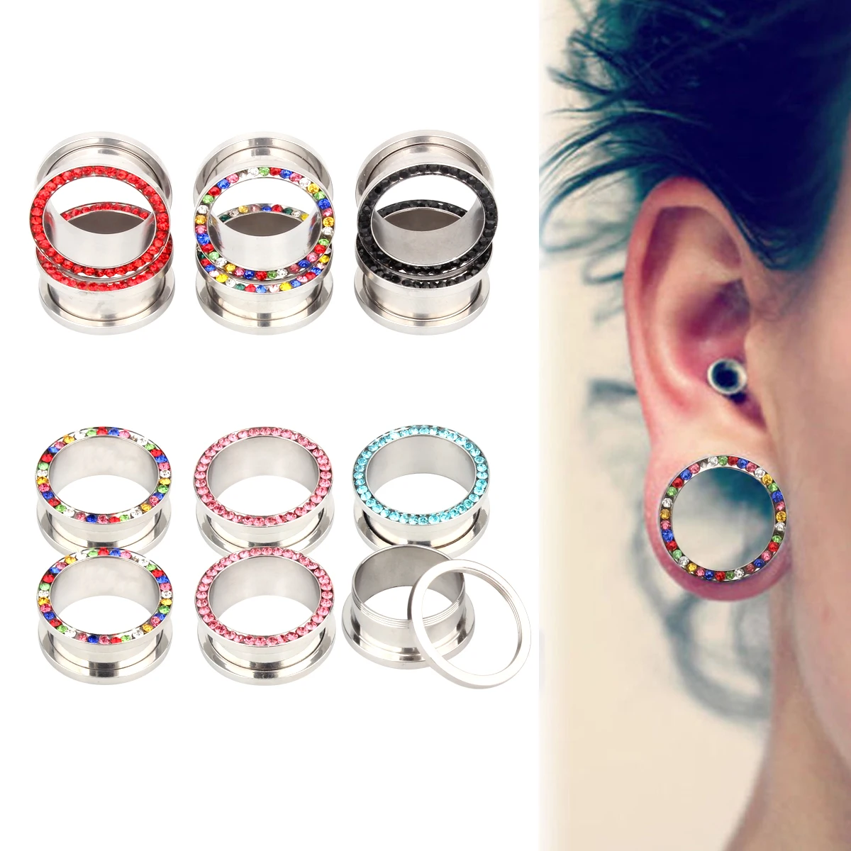 2pcs 3-25mm Hollow Ear Gauges Piercing Stainless Steel Screwed Ear Plugs and Tunnels Flesh Flare Ear Expander Stretching Kit