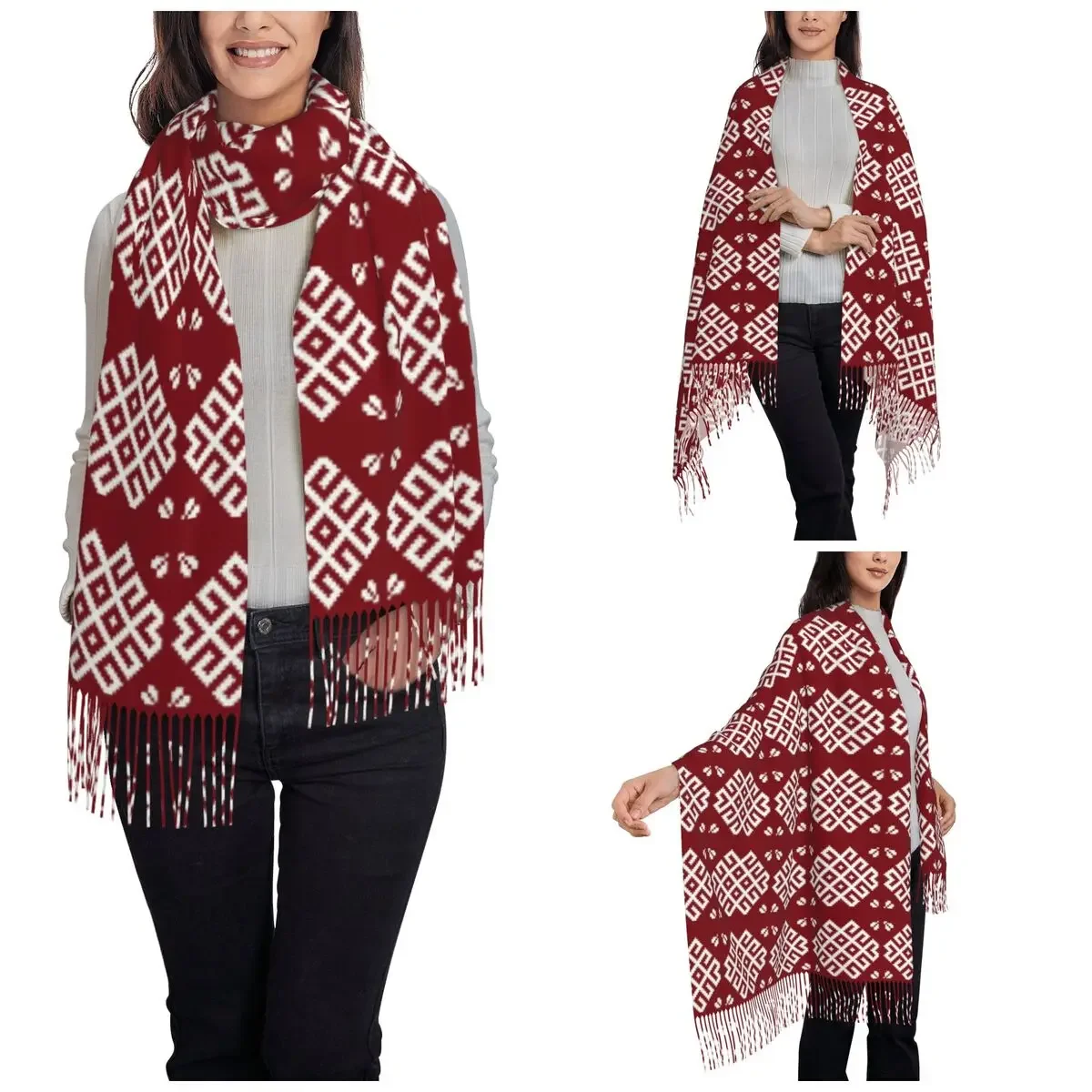 Womens Scarf with Tassel Latvian Pattern Large Winter Warm Shawl Wrap Daily Wear Pashmina Scarves