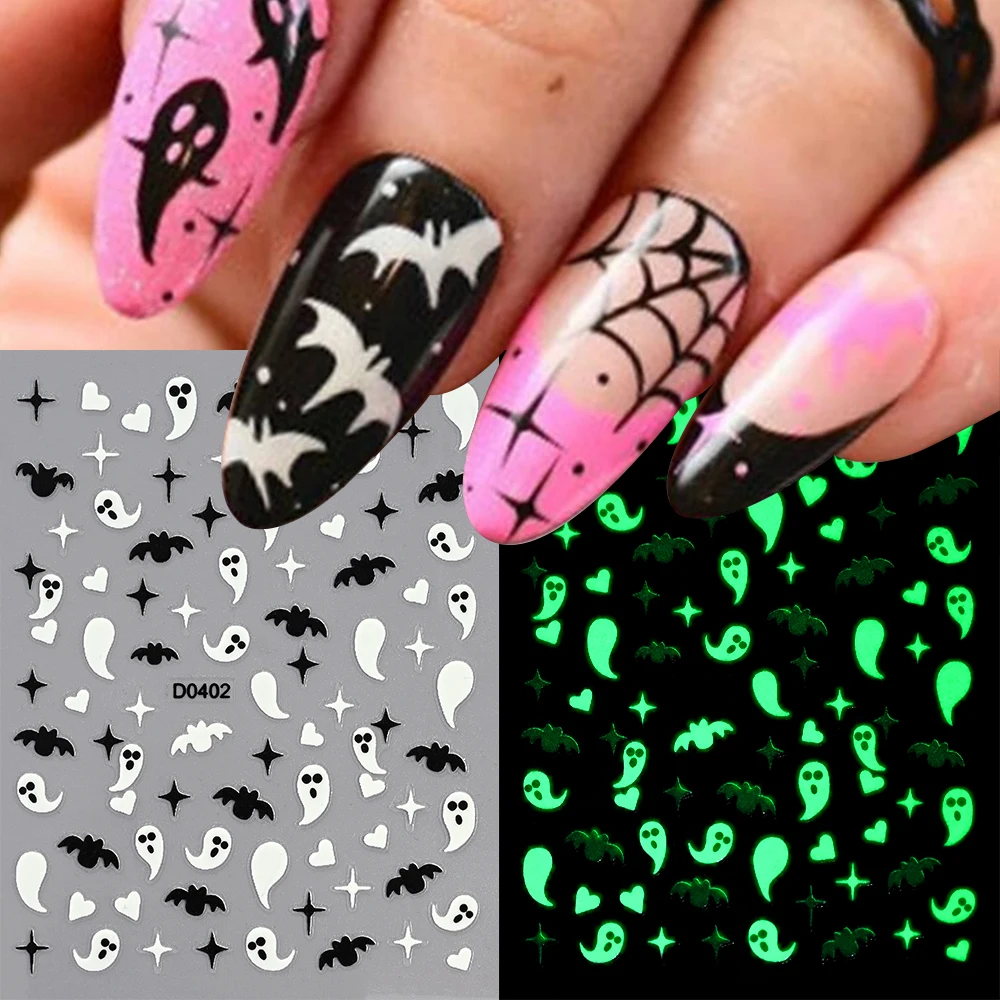 1 pçs 3d luminoso fantasma halloween adesivos de unhas bonito crânio aranha brilho no escuro decalques de unhas adesivo halloween decoração da arte do prego