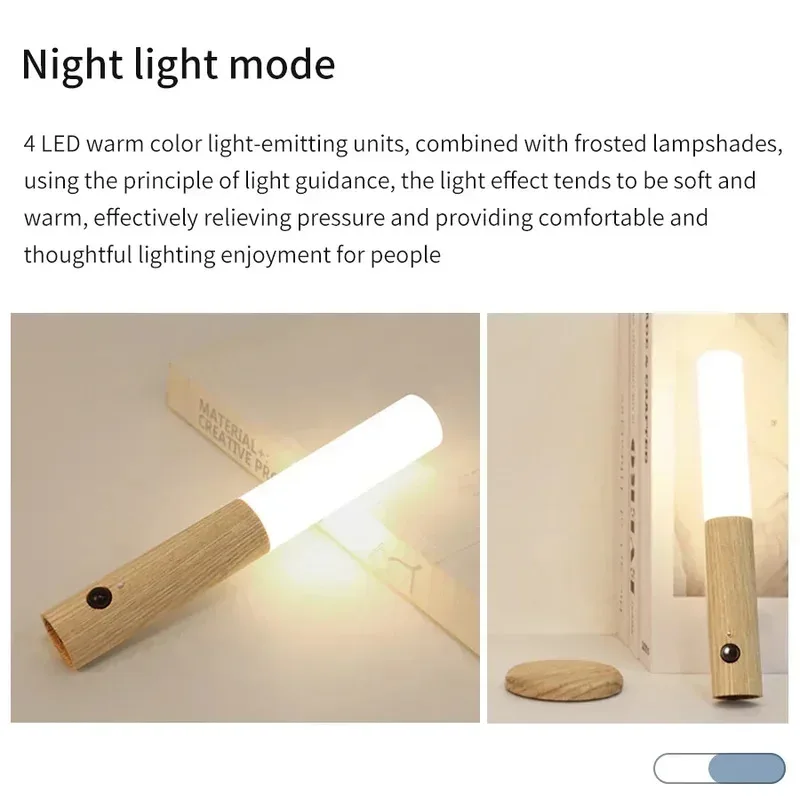 Luz noturna com sensor de movimento, luz noturna recarregável, luz de parede magnética, luz de parede de madeira para quarto, escadas