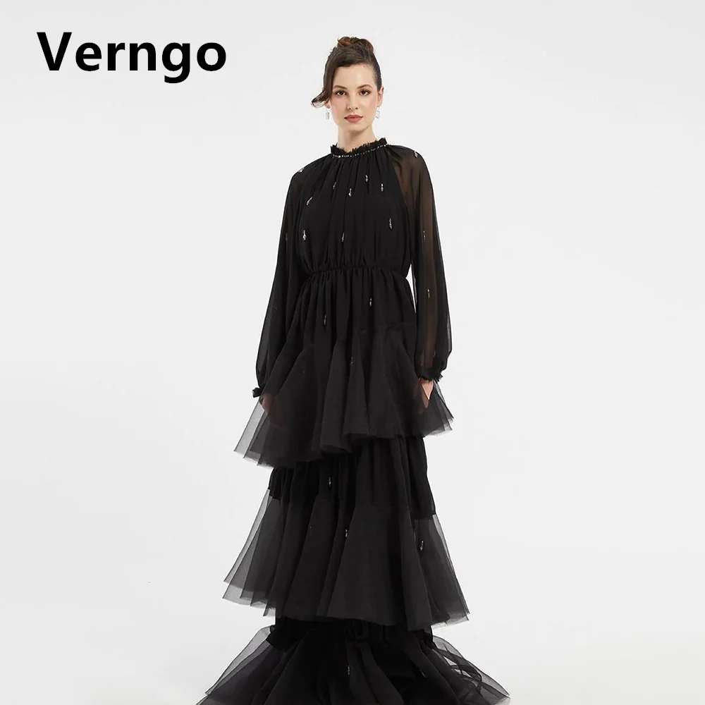 

Verngo Black Tulle Prom Gown High Neck Long Sleeves Party Dress For Women A Line Tiered Simple Evening Gown Elegant Formal Dress