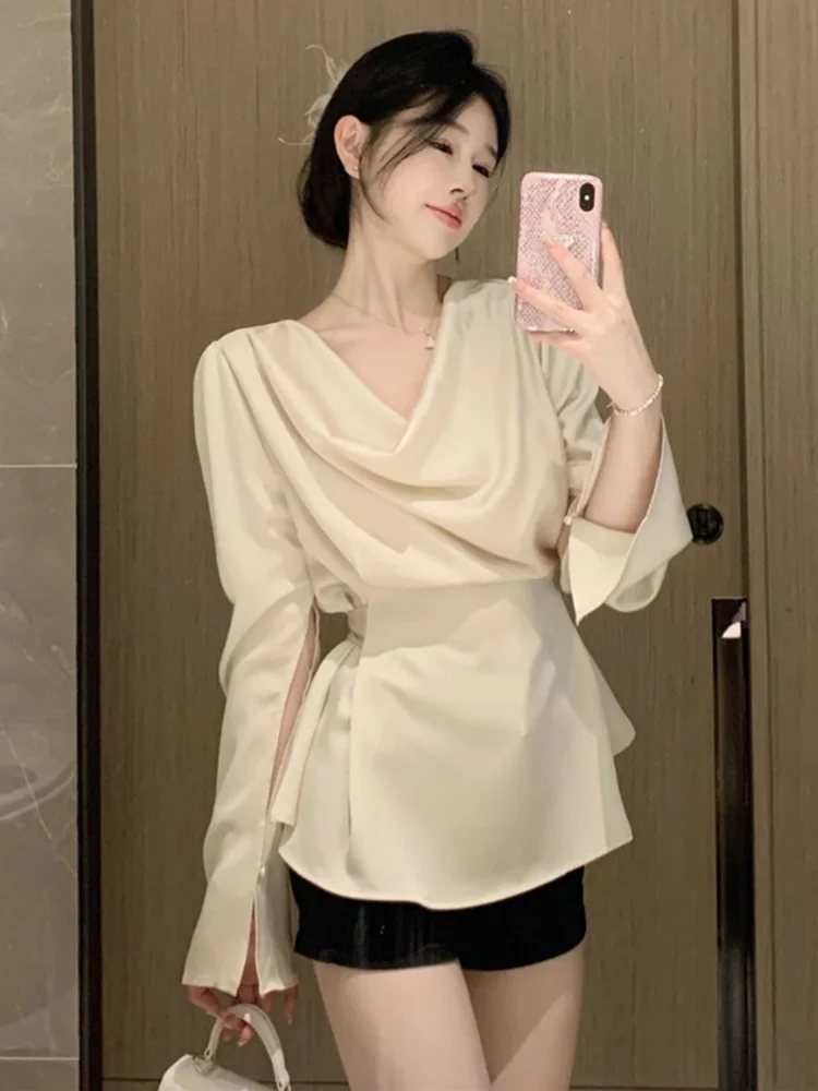 French Style Retro Solid Color Women Chiffon Shirt 2023 Fashion New Pleated Long Sleeve Blouses Female Slim Tie Up Clothes Chic