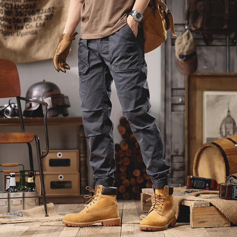 

American Sle Retro Workwear Pants Men's Spring Summer Slim Straight Casual Trousers Trendy Wide Leg Cuffed Pants