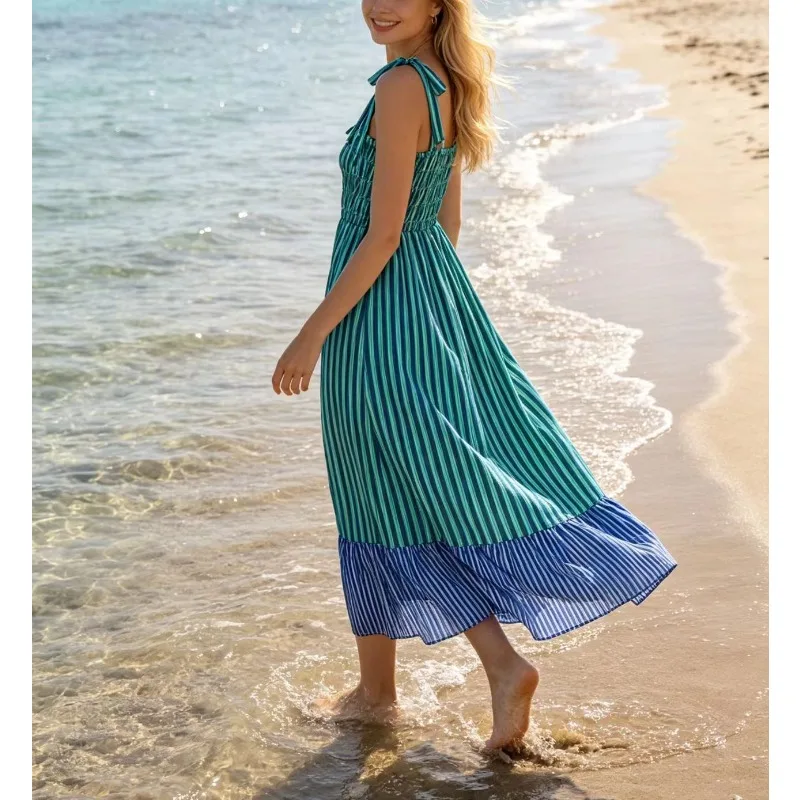 2026 Summer New Women's Mid-Length Striped Dress with Ruffle Hem, Color-Blocking Design, Comfortable To Wear, Perfect for Dates