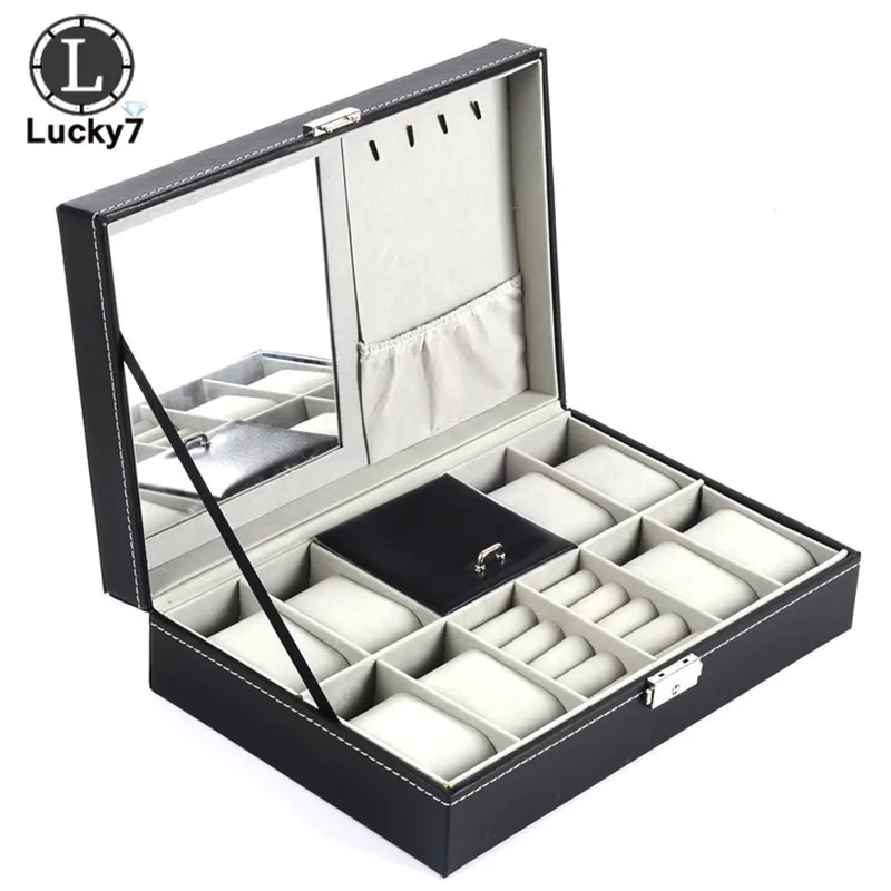 8 Digits Watch Case and 2 Ring Box For Jewelry Box Leather Glass Mirror Custom PU Leathertte Jewelry Storage Box Organizer