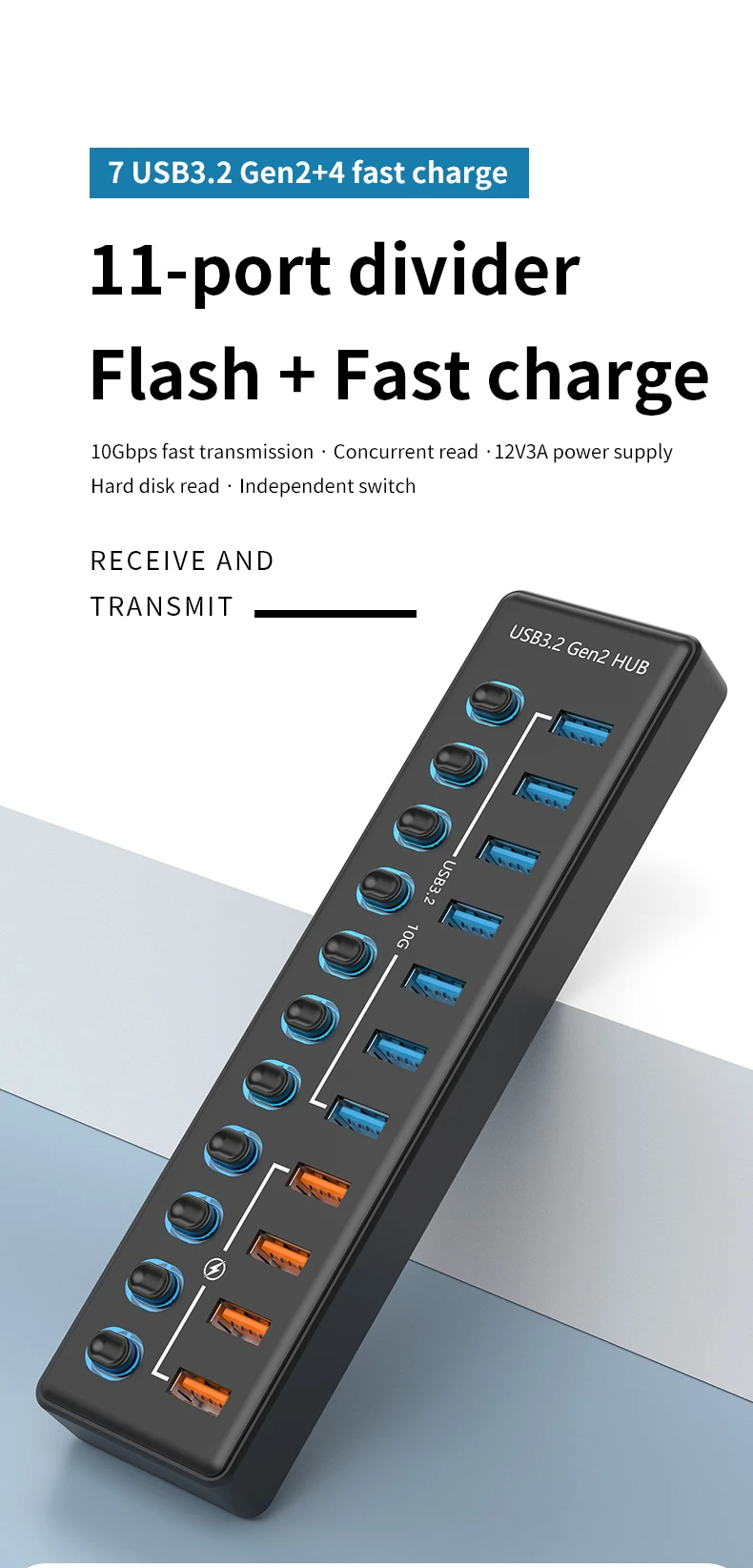 11 Ports USB3.2 Gen2 Hub Independent Power Switch 10Gbps High‑Speed USB Splitter Adapter With Fast‑Charge Ports For Notebook Com