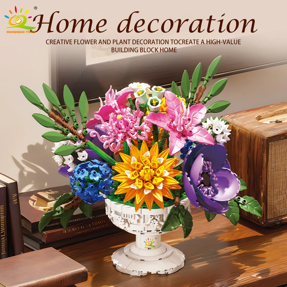 

HUIQIBAO 1081+PCS MOC Flower Bouquet Model Building Block Potted Series Brick Construction Toy For Children Desk Home Decoration