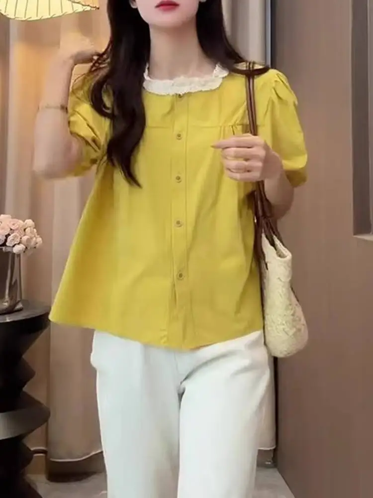 Sweet Soft Yellow Women's T-irt Summer 2025 Faion Wooden  Ruffle Design Bubble Sve Loose Fit round Ne ort Sve