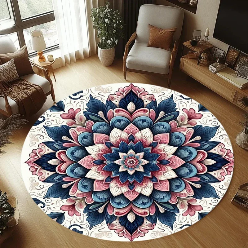 Exquisite Mandala Pattern Round Carpet Luxurious Peacock Feather Design Durable Area Rug Living Room Bedroom Home Decoration Mat