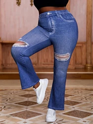 Plus Size Women's High-Stretch Knit Pants with Denim-Like Print and Distressed Detail Comfortable Flared Fashion Trousers